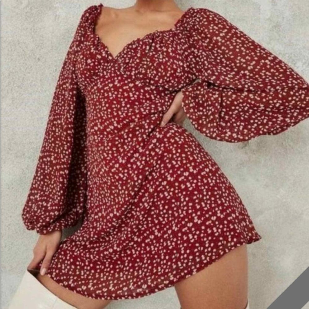 Missguided Milkmaid Skater Dress Long Sleeve Floral Mini Burgundy Red